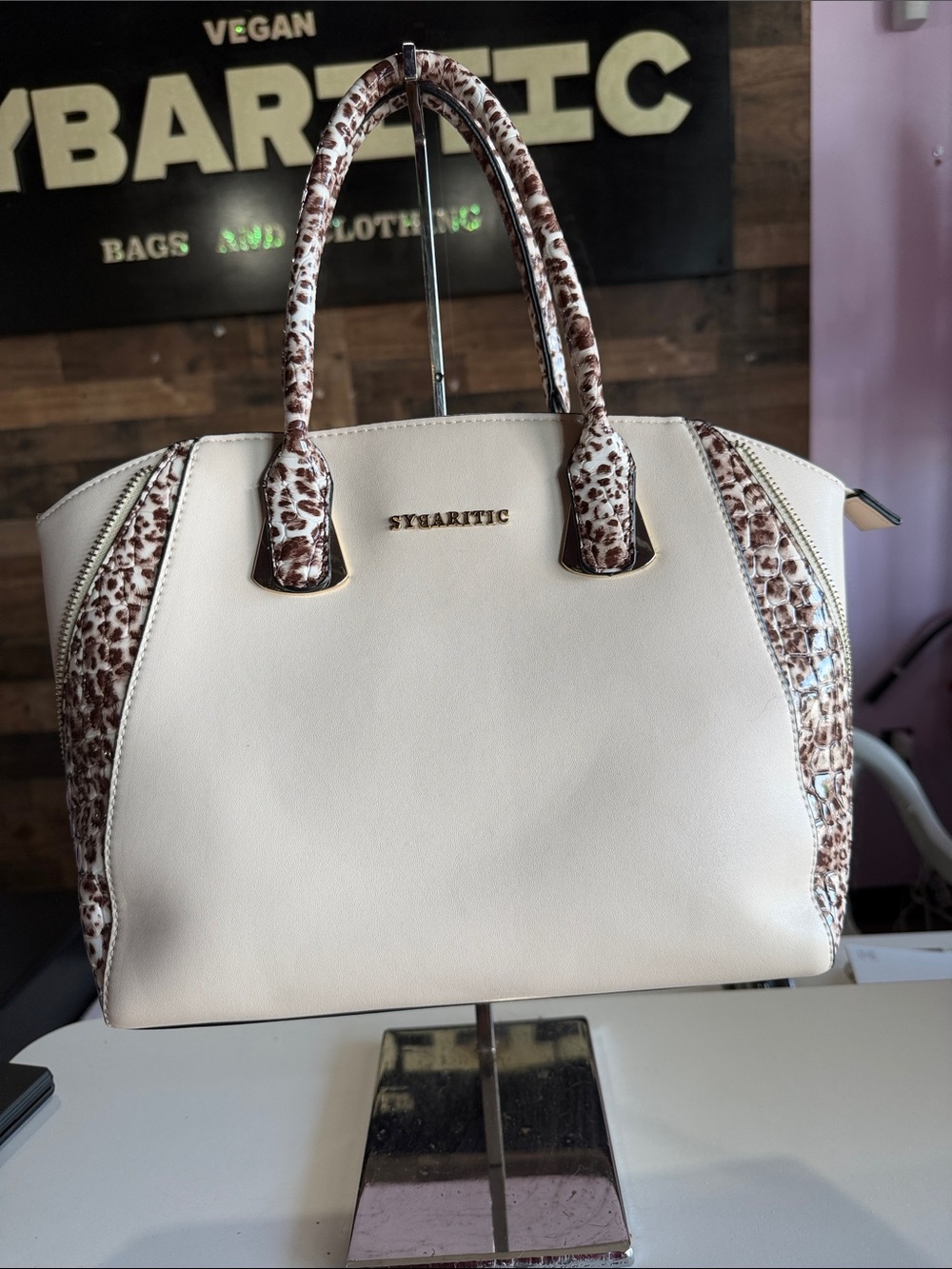 Cream Satchel with Leopard-Trim Accents